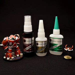 Crystal Fortress Glue, Accelerator, and Uncure. Essential trio for efficient and effective miniature assembly and repair.